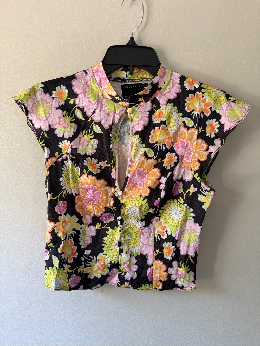 ASOS- Black Floral Slim Fit Top with Pink, Orange & Lime